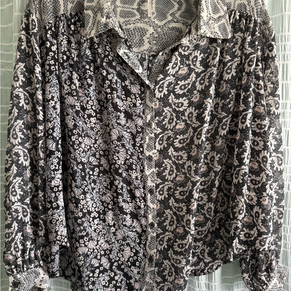 Free People Black and White Floral Blouse